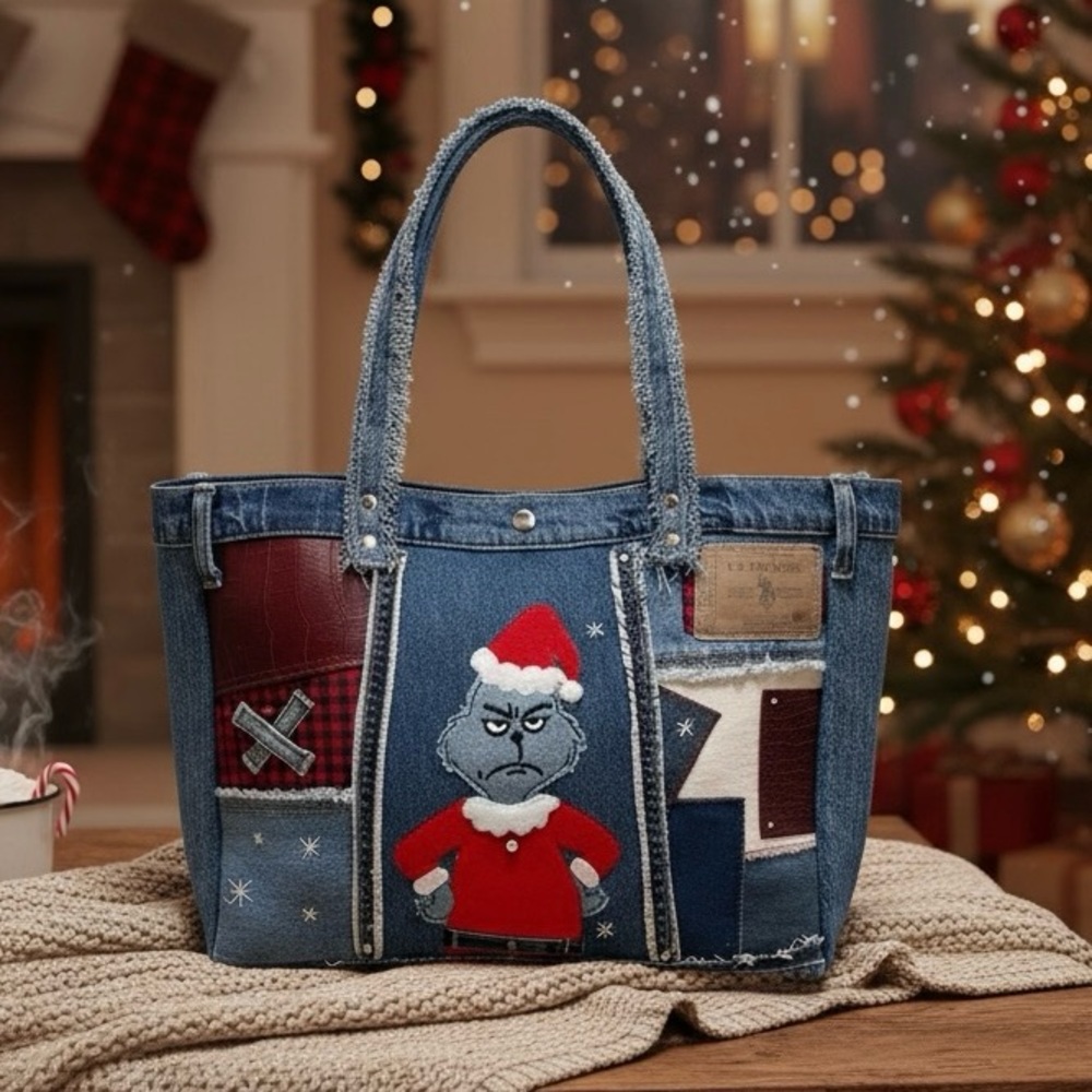 Grinch Christmas Patchwork upcycle Denim Tote Bag – Handmade – One of a Kind